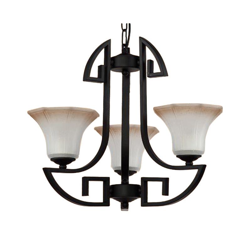 Black 3/6 lumières Pendre lustre en verre givré vintage et forme de fleur en métal Lumière suspendue