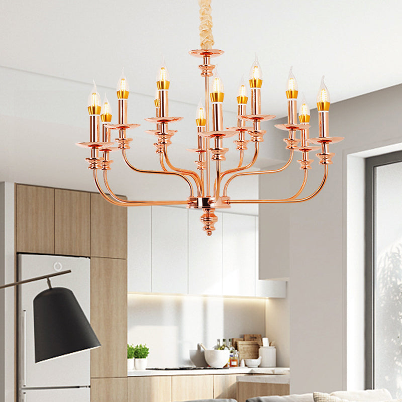 Candelera colgante de sala de estar de estilo vela metal tradicional 12 luces de oro rosa lámpara colgante