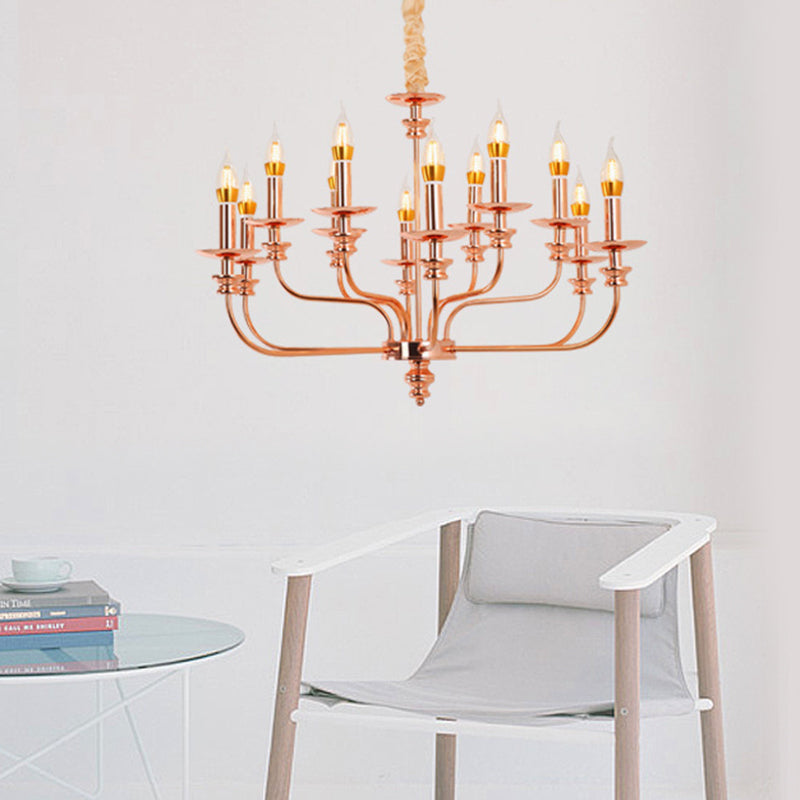 Candelera colgante de sala de estar de estilo vela metal tradicional 12 luces de oro rosa lámpara colgante