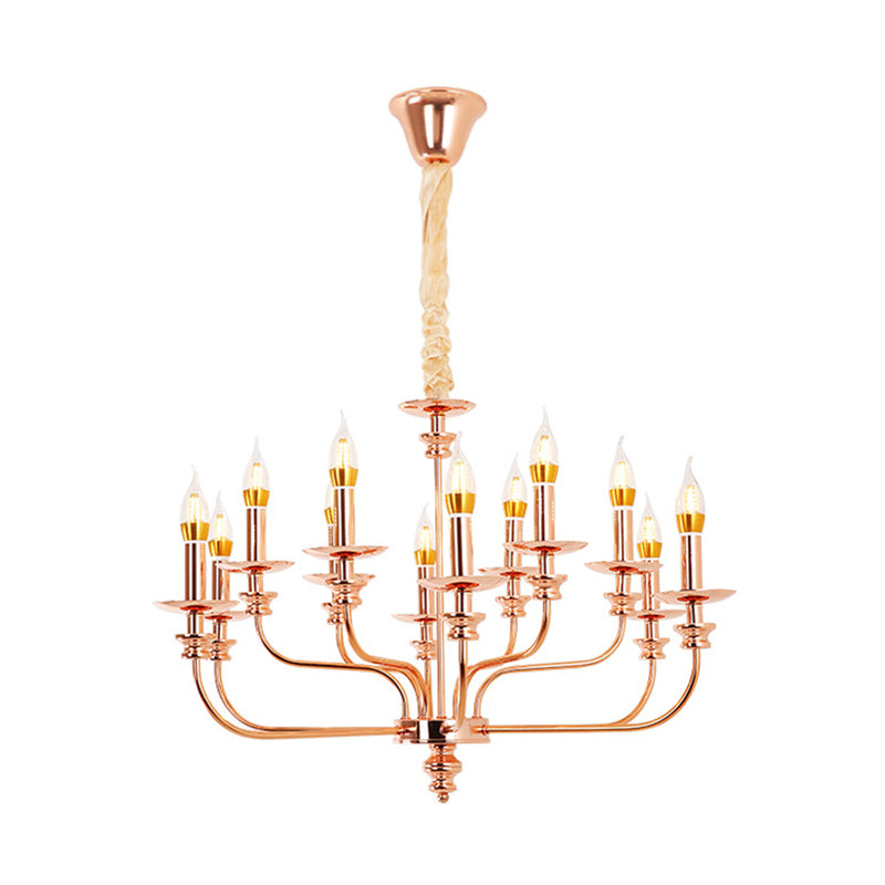 Candelera colgante de sala de estar de estilo vela metal tradicional 12 luces de oro rosa lámpara colgante