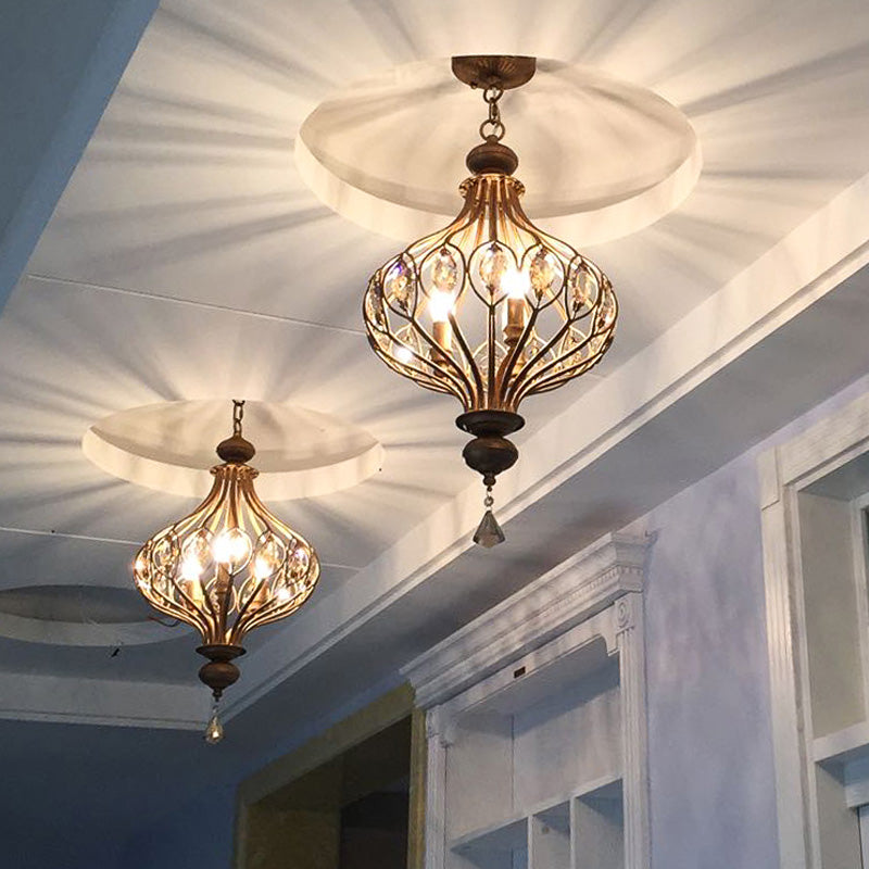 Spherical Ceiling Hanging Lantern Vintage Crystal Gold Chandelier for Hallway