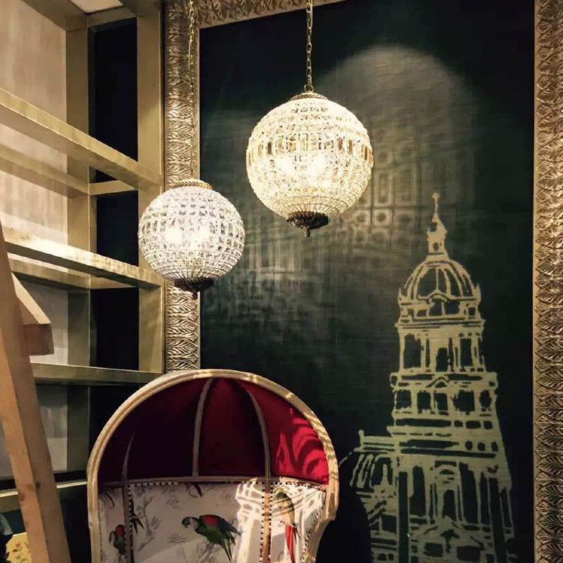 Brass Finish Globe Pendant Lighting Fixture Simple Style Crystal Chandelier for Bedroom