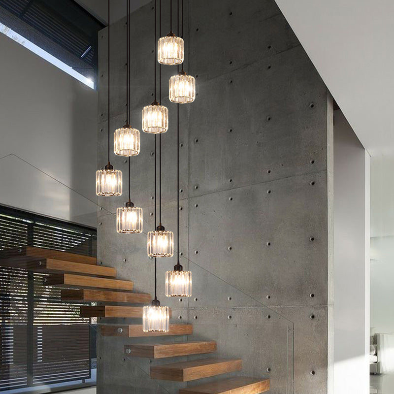 Contemporary Cylindrical Pendant Clear Crystal Multiple Hanging Ceiling Light for Spiral Stair