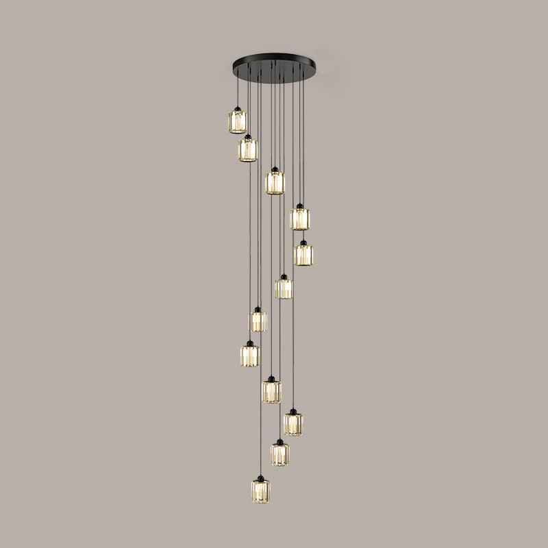 Contemporary Cylindrical Pendant Clear Crystal Multiple Hanging Ceiling Light for Spiral Stair