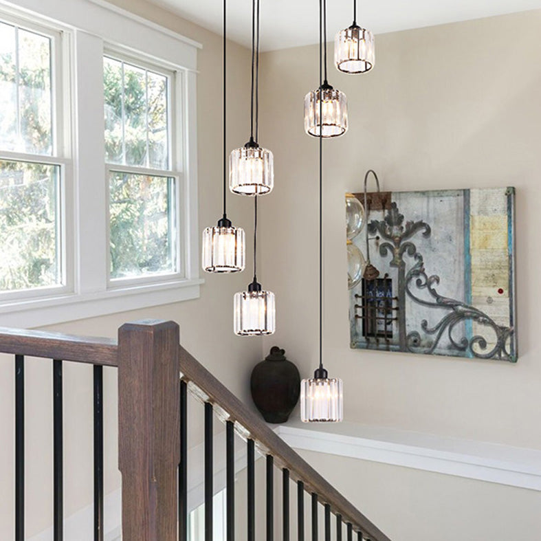 Contemporary Cylindrical Pendant Clear Crystal Multiple Hanging Ceiling Light for Spiral Stair