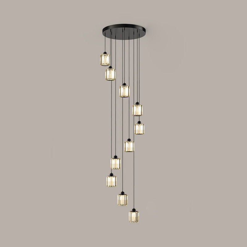 Contemporary Cylindrical Pendant Clear Crystal Multiple Hanging Ceiling Light for Spiral Stair