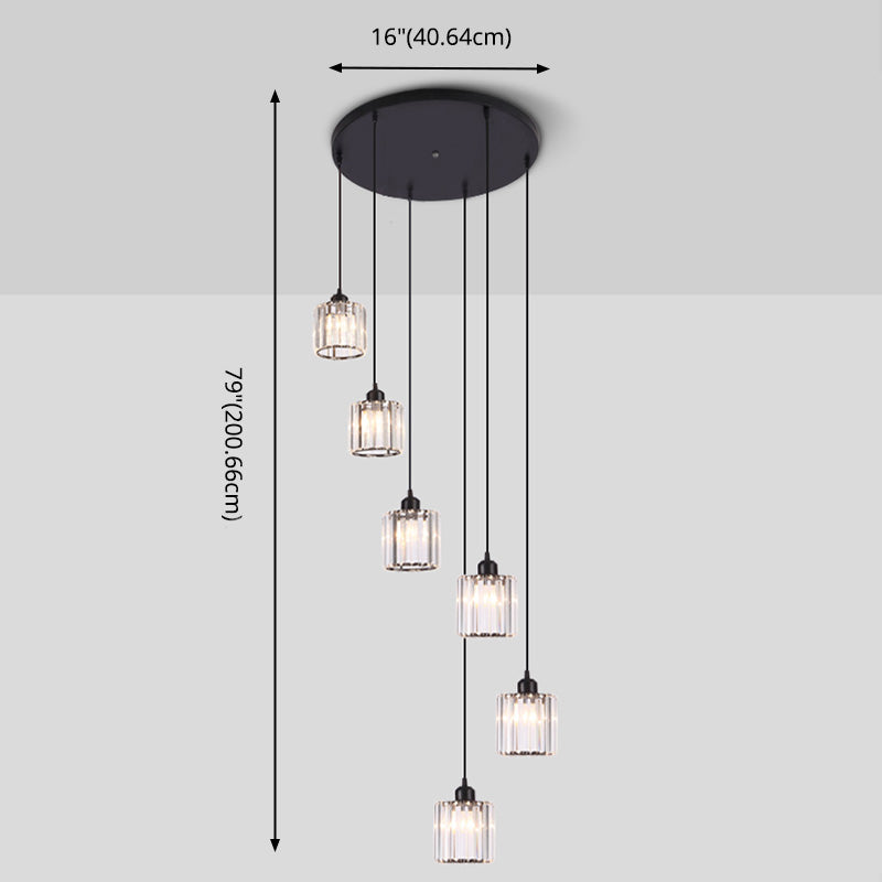 Contemporary Cylindrical Pendant Clear Crystal Multiple Hanging Ceiling Light for Spiral Stair