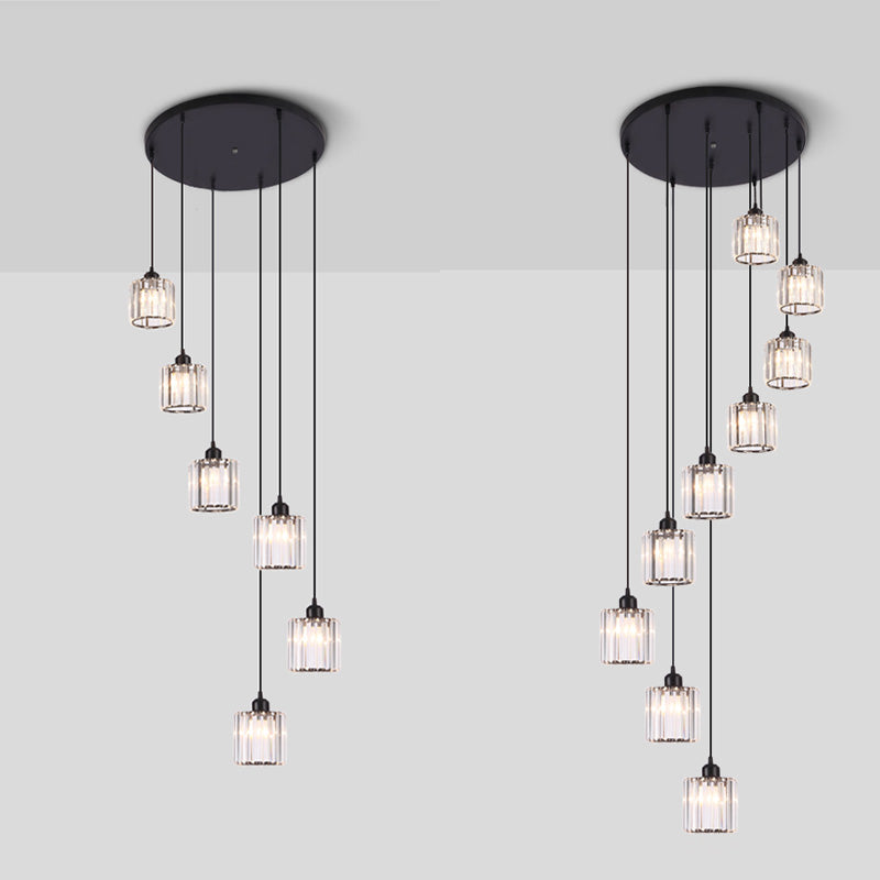 Contemporary Cylindrical Pendant Clear Crystal Multiple Hanging Ceiling Light for Spiral Stair