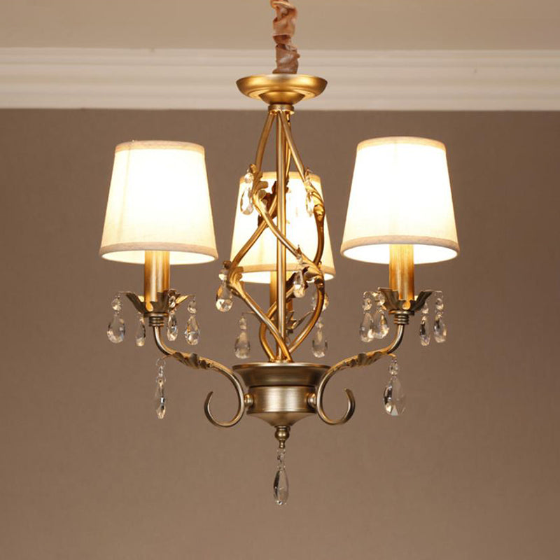 Cone Fabric Chandelier Light Classic 3 Lights Living Room Pendant Lighting in White with Crystal