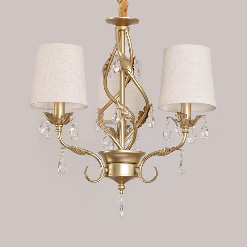 Cone Fabric Chandelier Light Classic 3 Lights Living Room Pendant Lighting in White with Crystal
