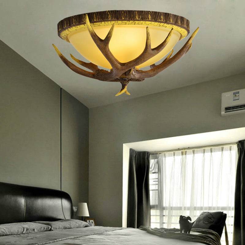 Brown 3 Lights Flush Mount Lighting Traditional Bamboo Dome Ceiling Mounted Fixture, 23.5"/16.5"/12.5" Wide