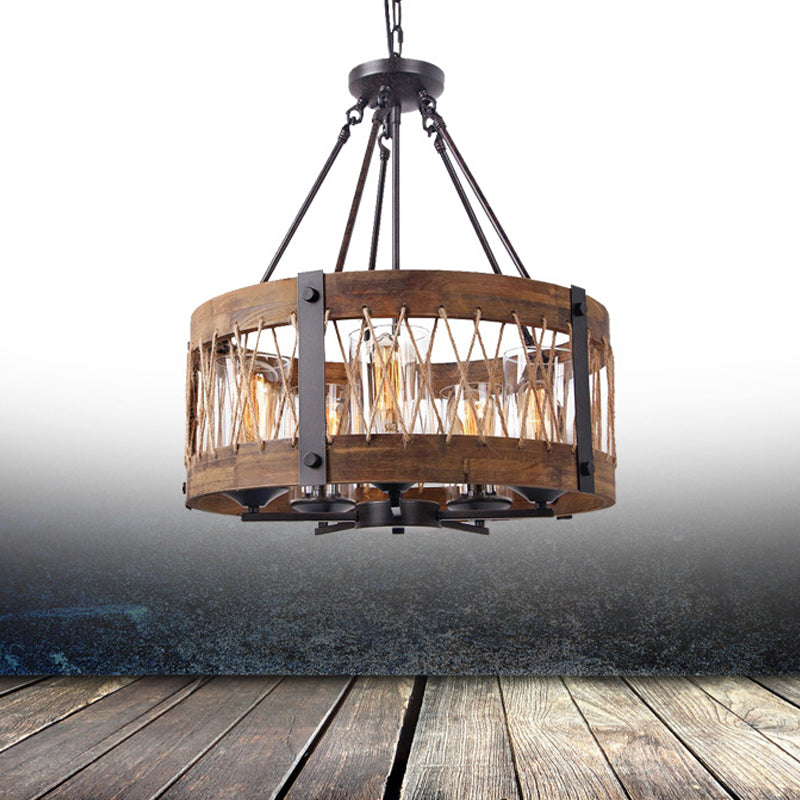 Traditional Drum Shaped Hanging Lamp 5 Bulbs Wooden Chandelier Light Fixture in Brown