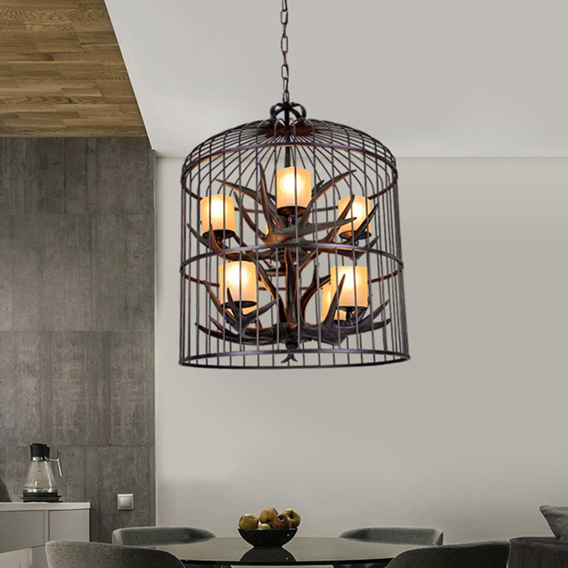 Araña colgante de jaula de pájaros negros metal tradicional de metal de 8 cabezas de comedor colgante luz de techo