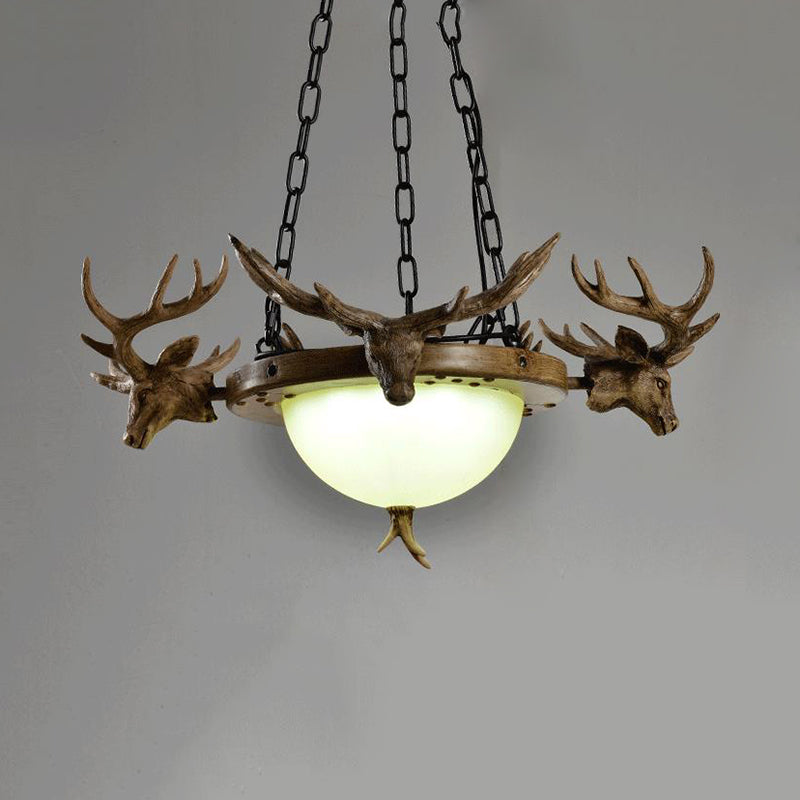 3-Bulb Glass Suspension Light Modern Beige Hemisphere Living Room Chandelier Lighting with Deer Head
