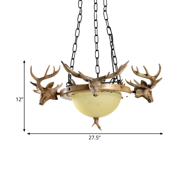 3-Bulb Glass Suspension Light Modern Beige Hemisphere Living Room Chandelier Lighting with Deer Head