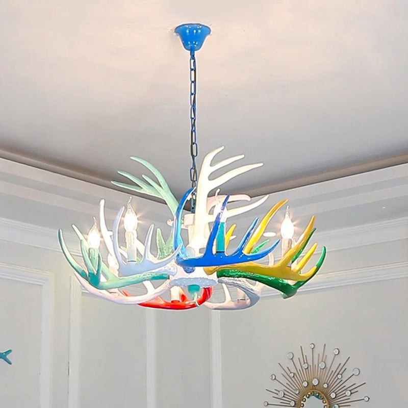 Modern Candle Hanging Lamp 8 Bulbs Metal Chandelier Light Fixture with Decorative Antler in Blue