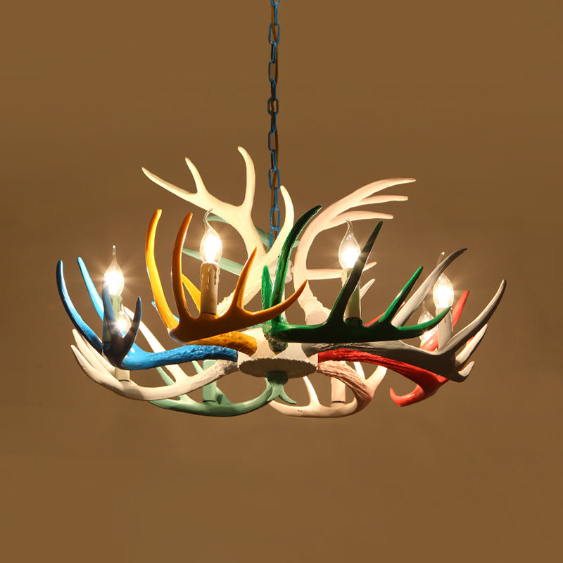 Modern Candle Hanging Lamp 8 Bulbs Metal Chandelier Light Fixture with Decorative Antler in Blue