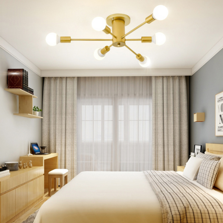 Gouden Spoetnik-plafondlamp in industriële retro-stijl smeedijzeren semi-inbouwmontage voor woonkamer