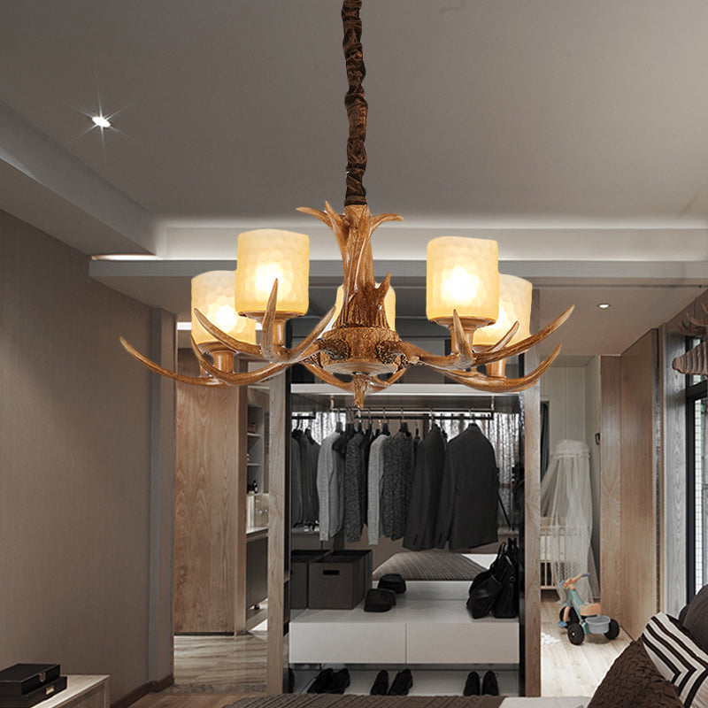 Cylindrical Glass Ceiling Lamp Traditional 4/6/8-Bulb Living Room Pendant Chandelier in Brown