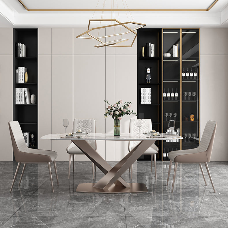 Modern Style Sintered Stone Dining Table with Standard Height Table and Rose Gold Trestle Base