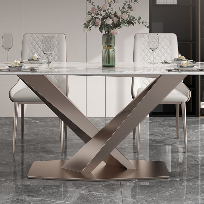 Modern Style Sintered Stone Dining Table with Standard Height Table and Rose Gold Trestle Base