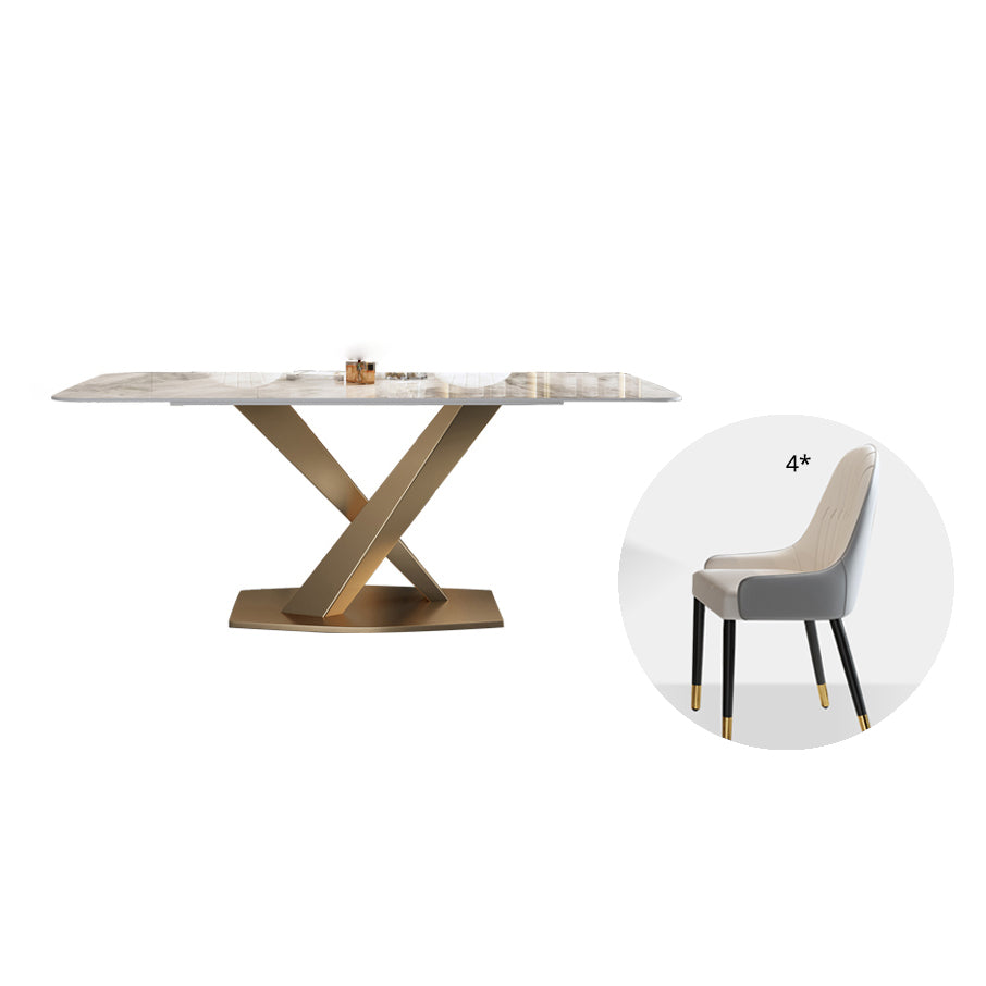 Modern Style Sintered Stone Dining Table with White Table and Gold Trestle Base for Home Use