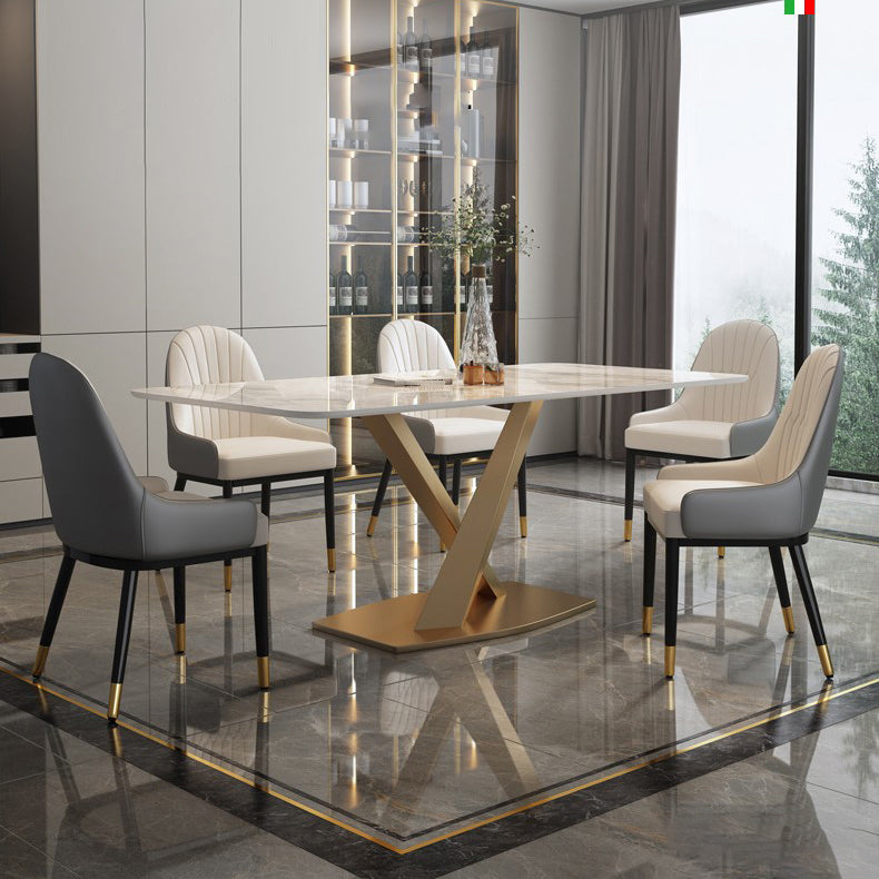 Modern Style Sintered Stone Dining Table with White Table and Gold Trestle Base for Home Use