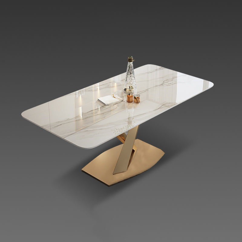Modern Style Sintered Stone Dining Table with White Table and Gold Trestle Base for Home Use