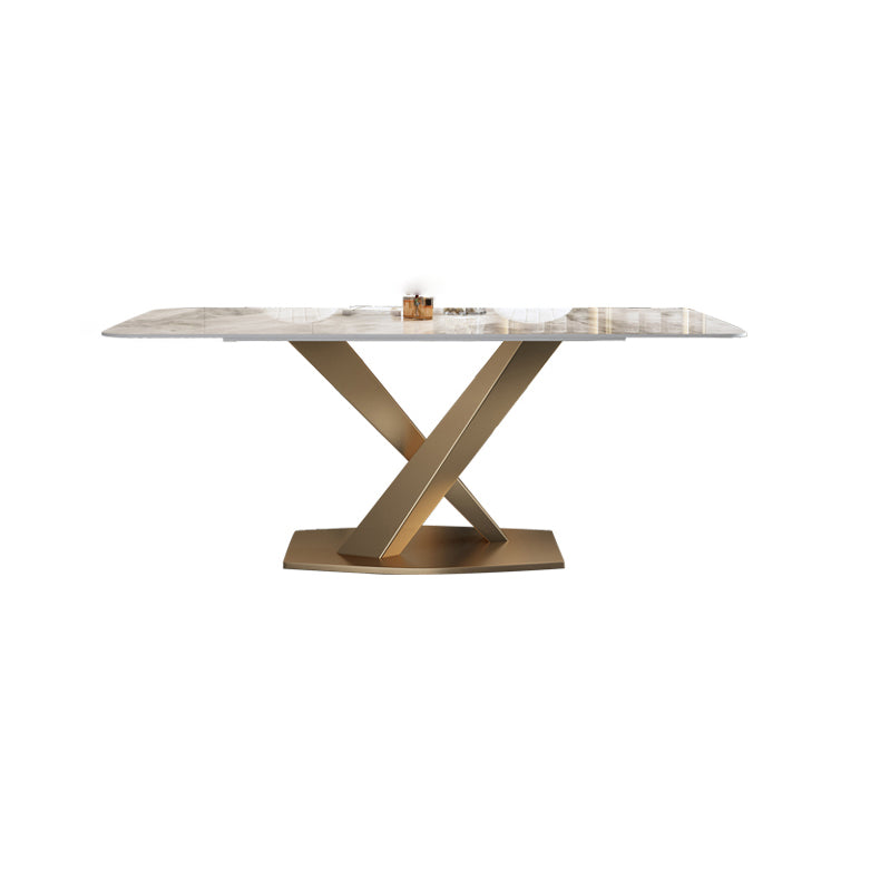 Modern Style Sintered Stone Dining Table with White Table and Gold Trestle Base for Home Use