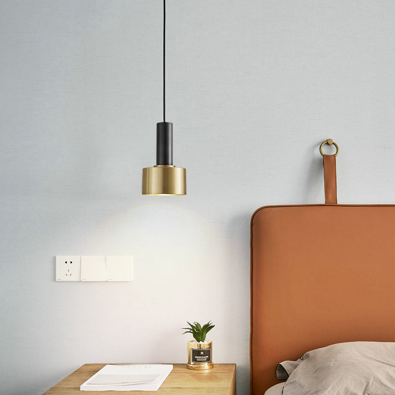 Cylindrical Bedroom Pendant Light Kit Metal Simple Hanging Ceiling Light in Black-Gold
