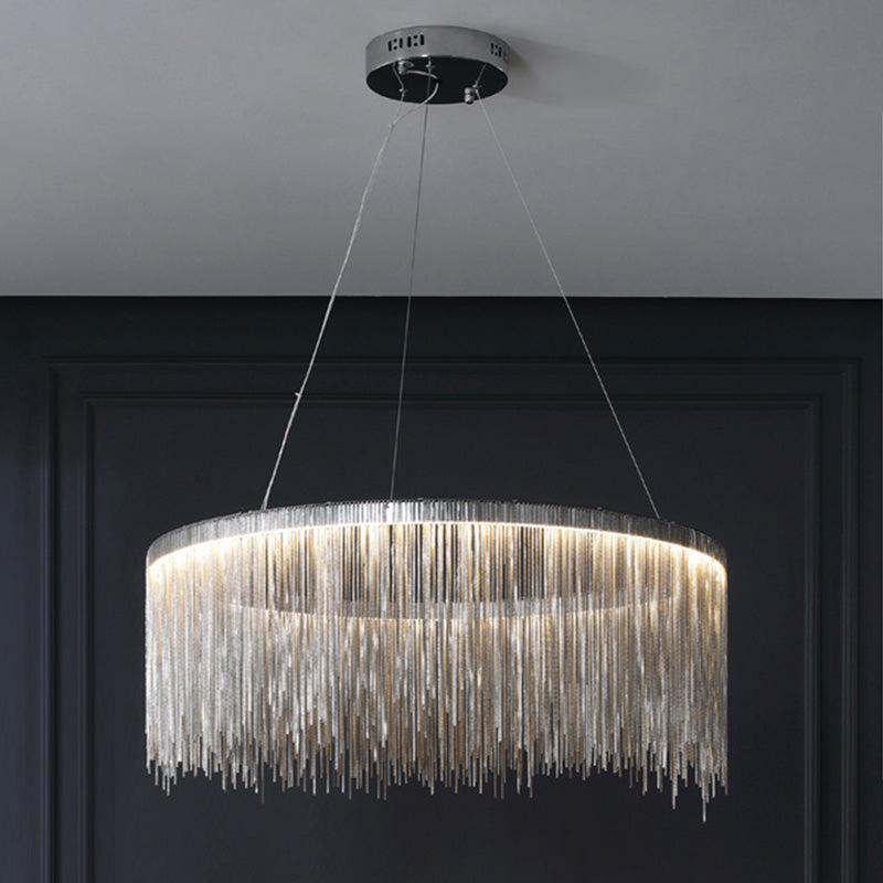 Silver Round Pendant Pildal Metal Chain Shade Chandelier Light pour salle à manger