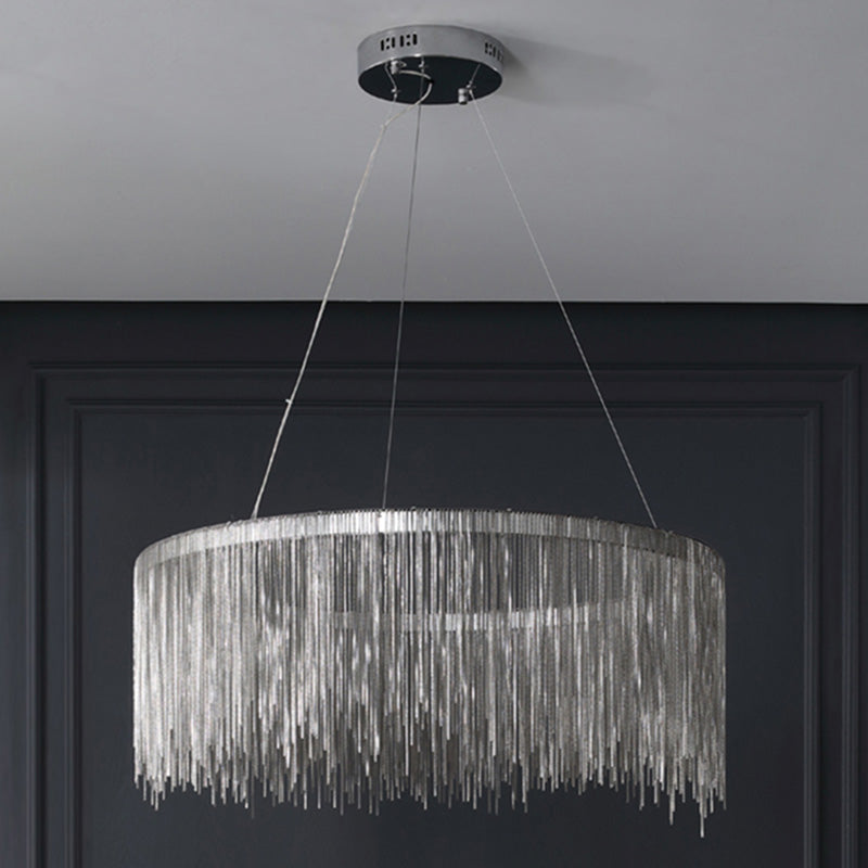 Silver Round Pendant Pildal Metal Chain Shade Chandelier Light pour salle à manger