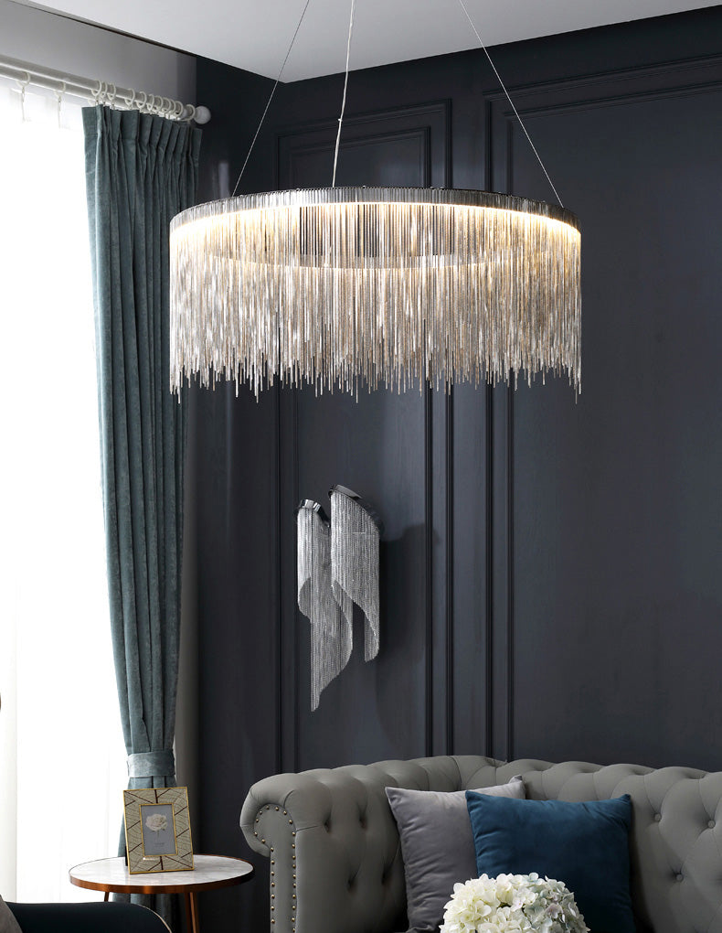 Silver Round Pendant Pildal Metal Chain Shade Chandelier Light pour salle à manger