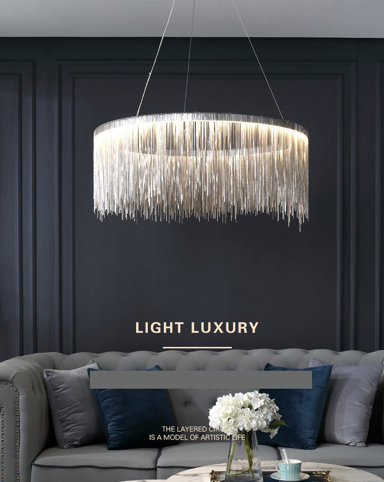 Silver Round Pendant Pildal Metal Chain Shade Chandelier Light pour salle à manger