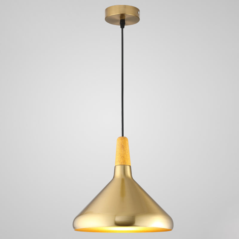 Gold Wood Capped Ceiling Pendant Light Minimalist Style Metal Hanging Light Fixture