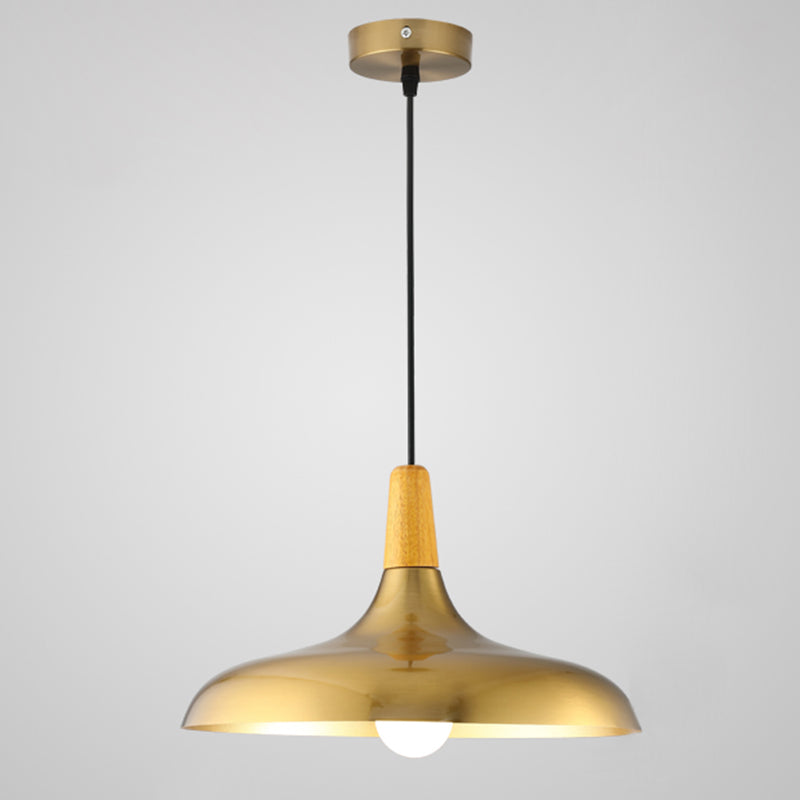 Gold Wood Capped Ceiling Pendant Light Minimalist Style Metal Hanging Light Fixture
