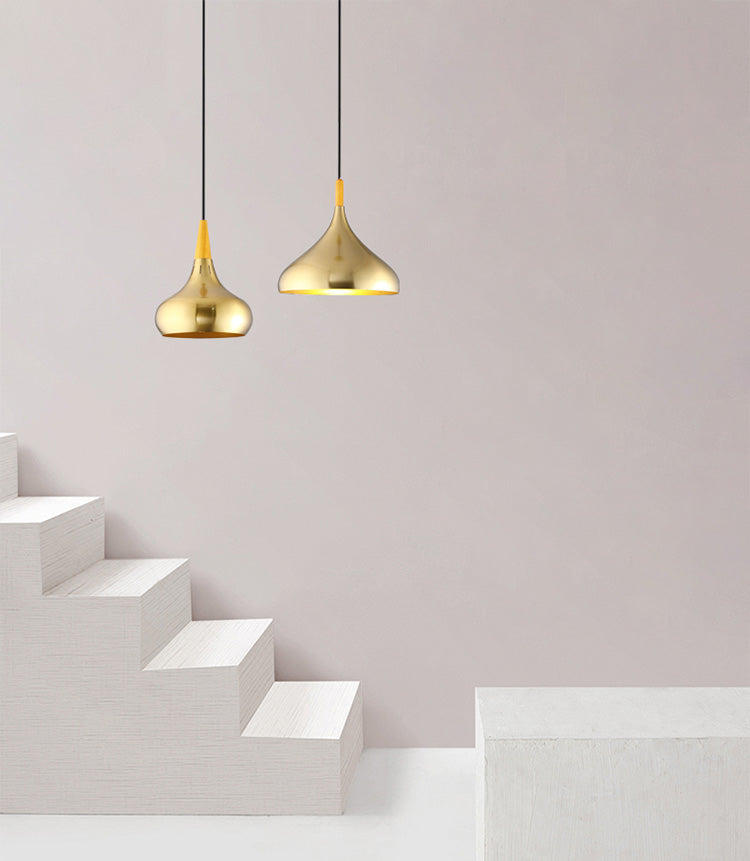 Gold Wood Capped Ceiling Pendant Light Minimalist Style Metal Hanging Light Fixture