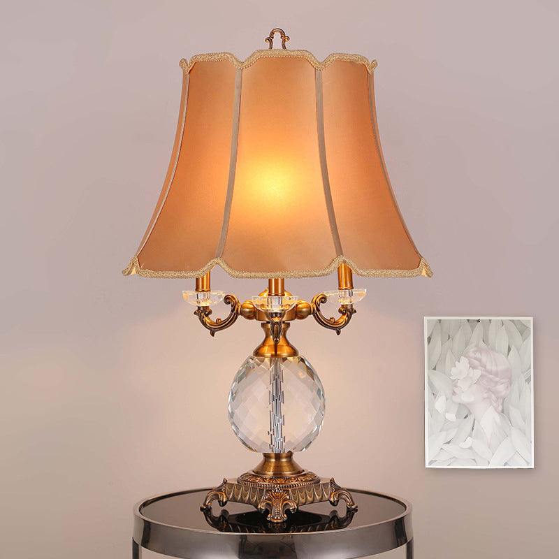 1 Light Night Lamp Lodge Paneled Bell Fabric Table Light in White/Beige for Bedroom with Crystal Accent