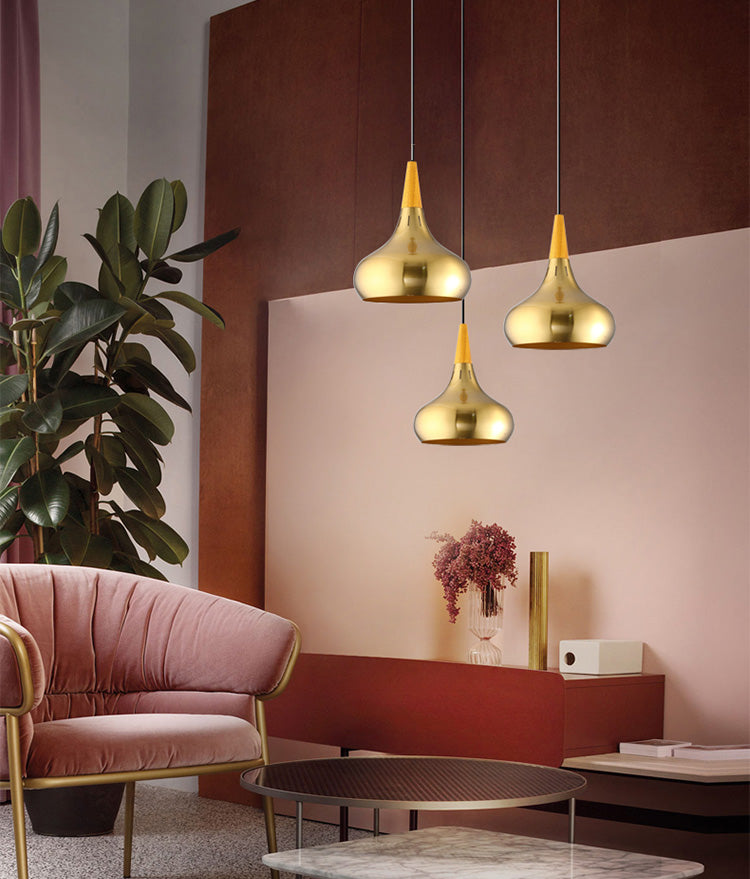 Gold Wood Capped Ceiling Pendant Light Minimalist Style Metal Hanging Light Fixture