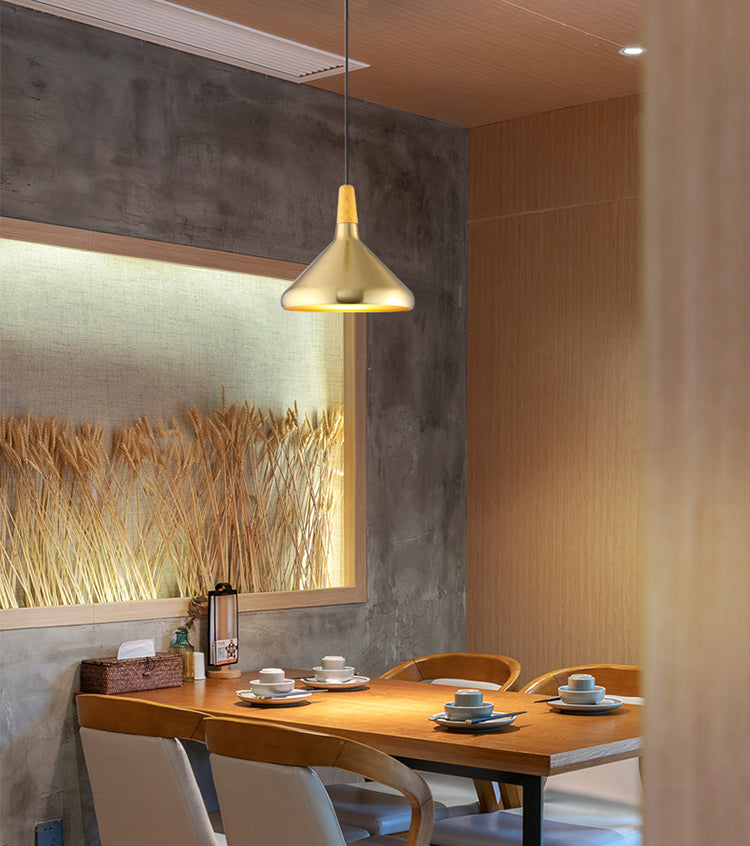 Gold Wood Capped Ceiling Pendant Light Minimalist Style Metal Hanging Light Fixture