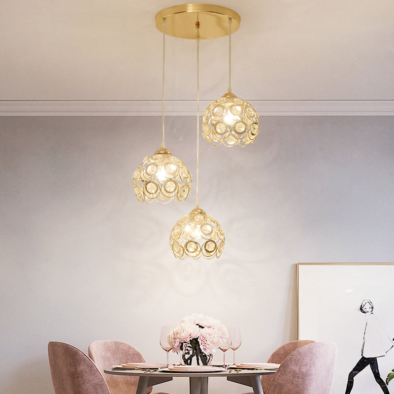 Round Crystal Suspension Light Fixture Contemporary 3-Light Gold Finish Multiple Hanging Light