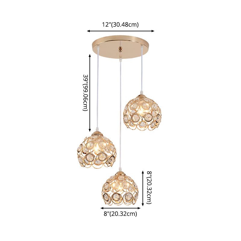 Round Crystal Suspension Light Fixture Contemporary 3-Light Gold Finish Multiple Hanging Light