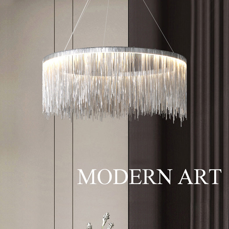 Silver Round Pendant Pildal Metal Chain Shade Chandelier Light pour salle à manger