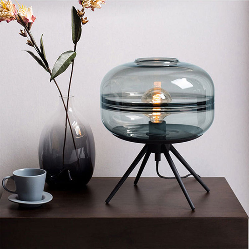 Black Drum Single Table Lamp in Modern Concise Style Wrought Iron Table Light with Glass Shade