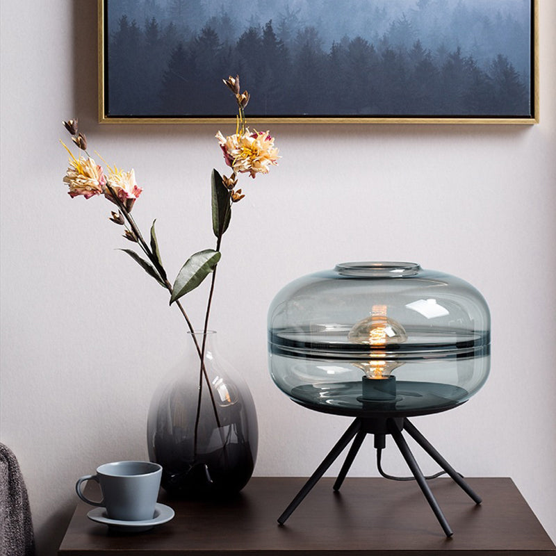 Modern Creative Drum Table Lamp Wrought Iron Indoor Table Light with Glass Shade