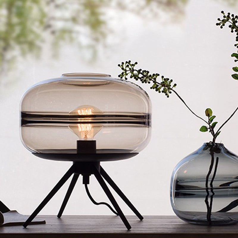 Modern Creative Drum Table Lamp Wrought Iron Indoor Table Light with Glass Shade