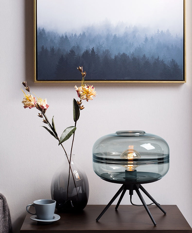 Modern Creative Drum Table Lamp Wrought Iron Indoor Table Light with Glass Shade