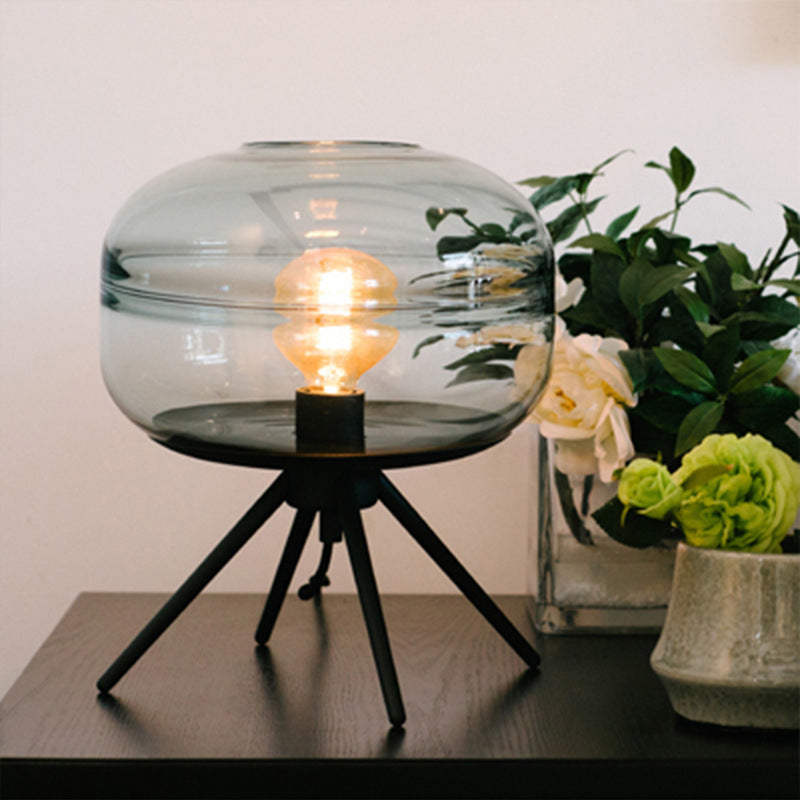 Modern Creative Drum Table Lamp Wrought Iron Indoor Table Light with Glass Shade