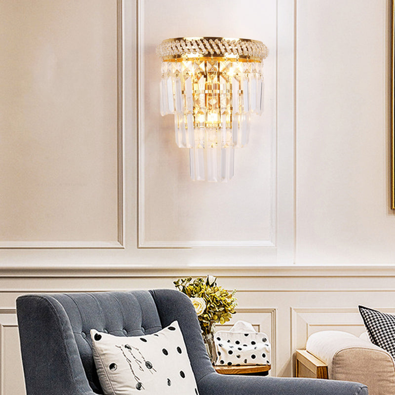 Modern Luxury Stagger Wall Lamp Electroplate Metal 3-Light Wall Sconce with Crystal Shade