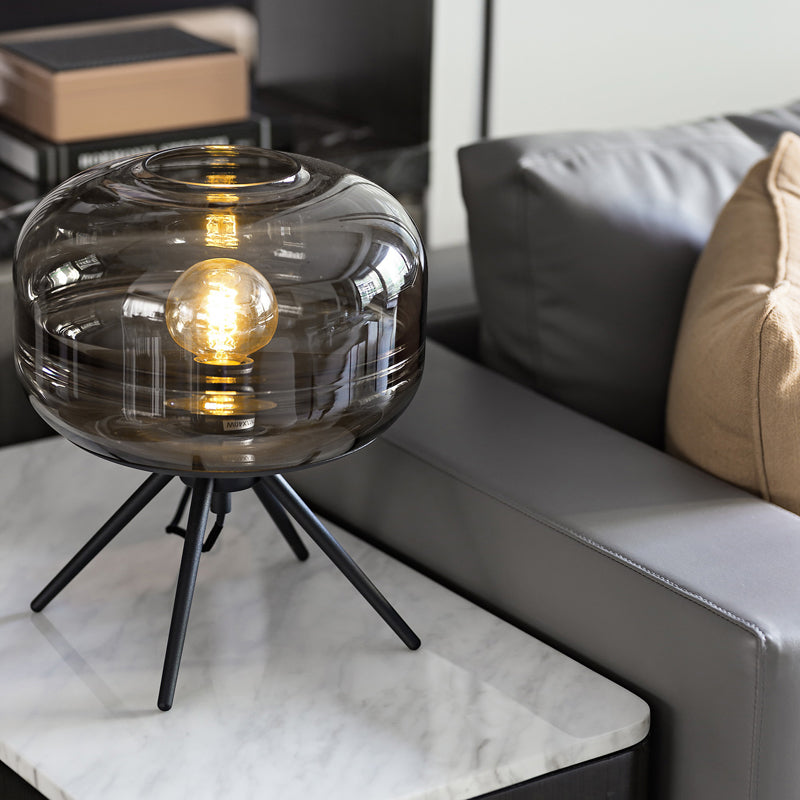 Black Drum Indoor Table Lamp in Modern Creative Style Wrought Iron Table Light with Glass Shade